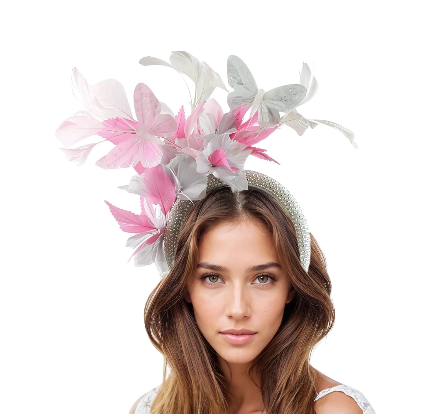 Sandy Butterfly Feather Crystal Padded Headband Tea Party Lunch Fascinator