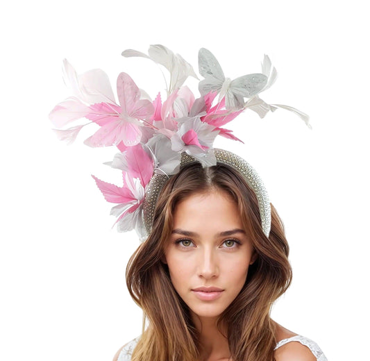 Sandy Butterfly Feather Crystal Padded Headband Tea Party Lunch Fascinator