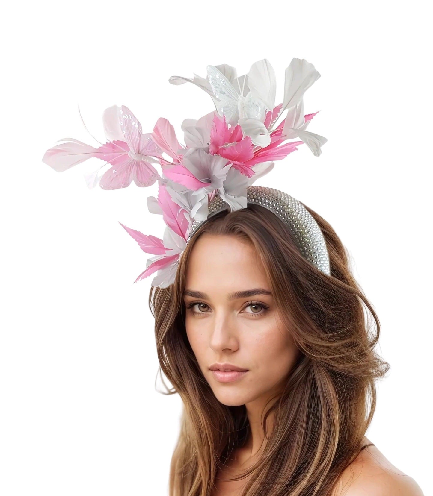 Sandy Butterfly Feather Crystal Padded Headband Tea Party Lunch Fascinator