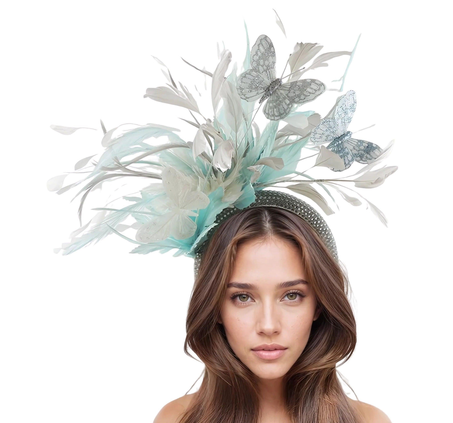 Sandy Butterfly Feather Crystal Padded Headband Tea Party Lunch Fascinator