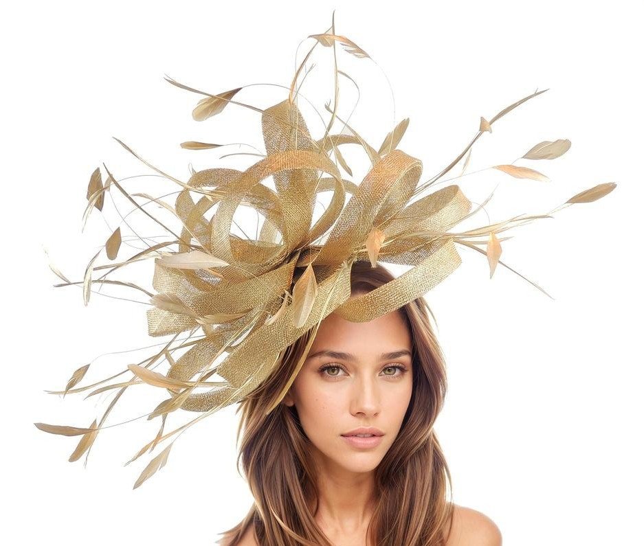 Metallic Gold Statement XL Kentucky Derby Fascinator Womens Ascot Headwear Ladies Day Hats Formal Feather Headpiece High Tea Party SALE