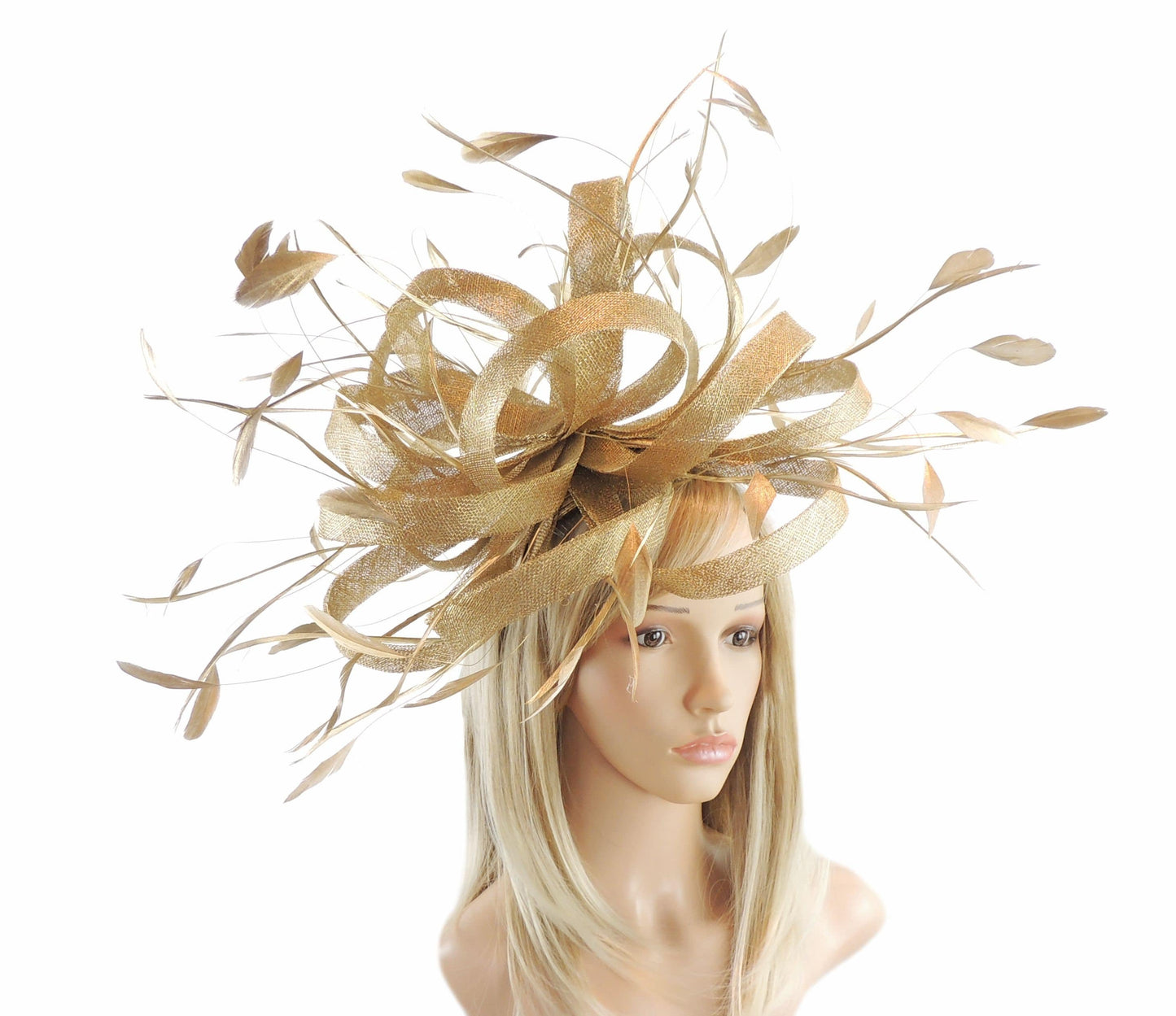 Metallic Gold Statement XL Kentucky Derby Fascinator Womens Ascot Headwear Ladies Day Hats Formal Feather Headpiece High Tea Party SALE